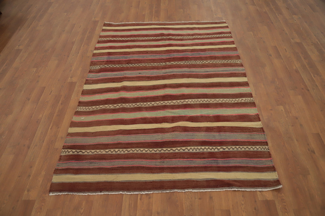 Earthy Tones Woven Kilim Rug 4x6 with Rustic Horizontal Stripes Design