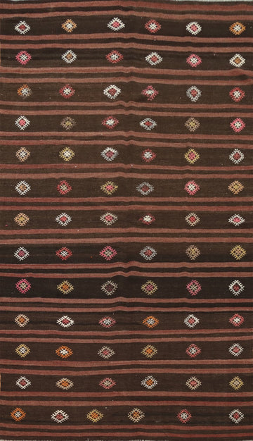 Rich Brown Kilim Area Rug 6x10 with Colorful Diamond Patterns