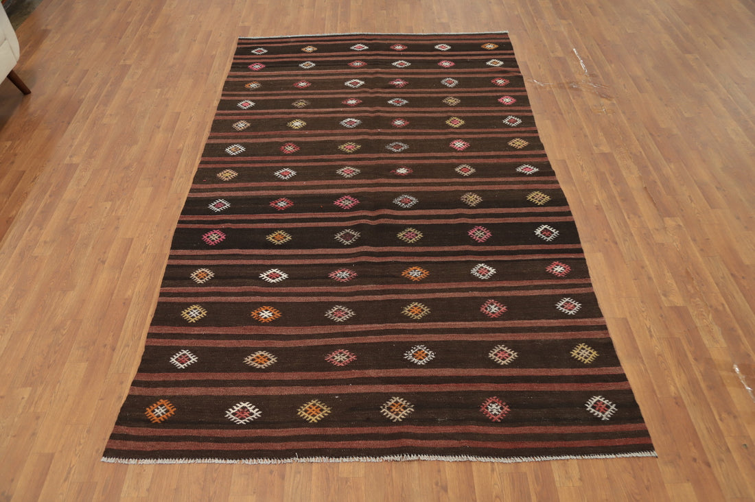 Rich Brown Kilim Area Rug 6x10 with Colorful Diamond Patterns