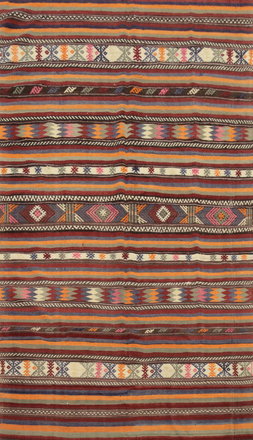 Bohemian Kilim Area Rug 6x10 in Colored Stripes and Ethnic Motifs