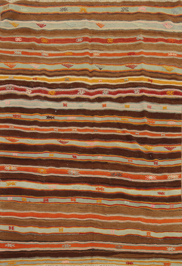 Elegant Woven Kilim Rug 5x7 with Warm Multicolor Stripe Design