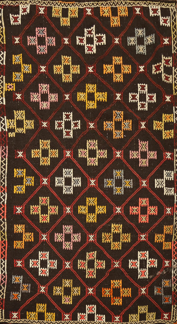 Dark Geometric Kilim Vegetable Dye Wool Rug 4x8