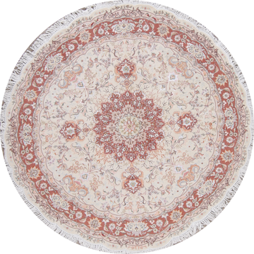 Vegetable Dye Floral Ivory Tabriz Persian Hand-Knotted Round Rug 7x7