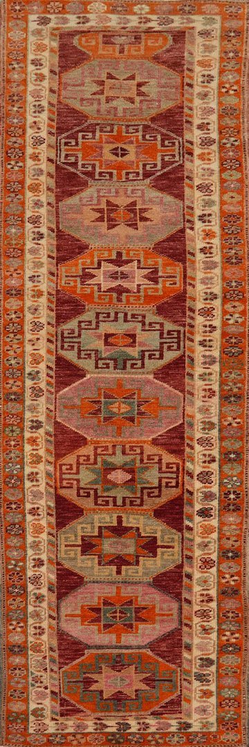 Geometric Wool Kazak Turkish Runner Rug 3x12