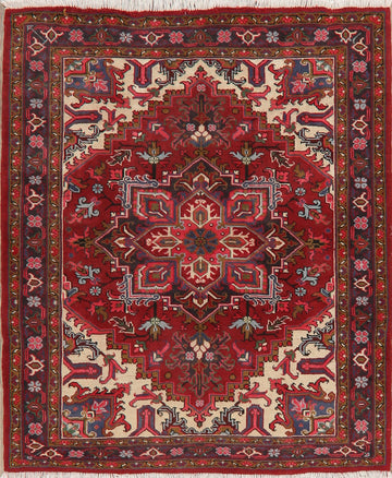 Geometric Red Heriz Persian Area Rug 5x6