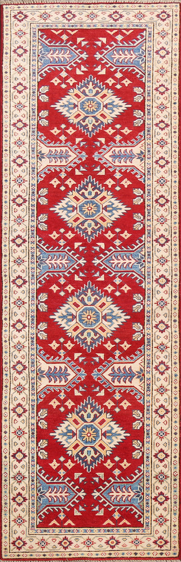 Geometric Red Kazak Oriental Runner Rug 3x9