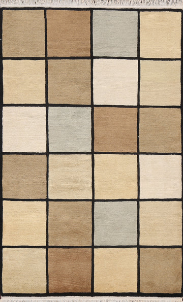 Vegetable Dye Earth-Tone Nepalese Checkered Area Rug 4x6