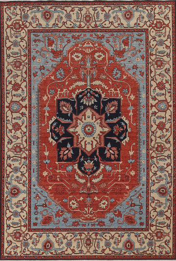 Geometric Handmade Heriz Serapi Wool Turkish Rug 7x10