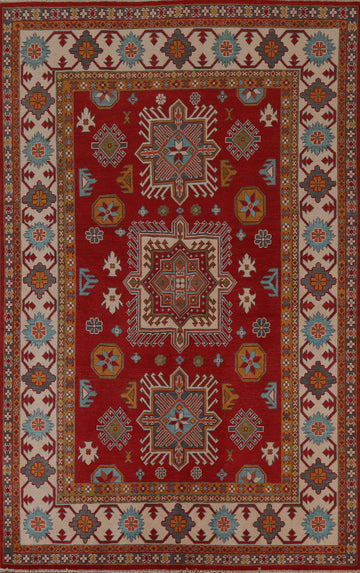Red Wool Kazak Vegetable Dye Area Rug 6x8