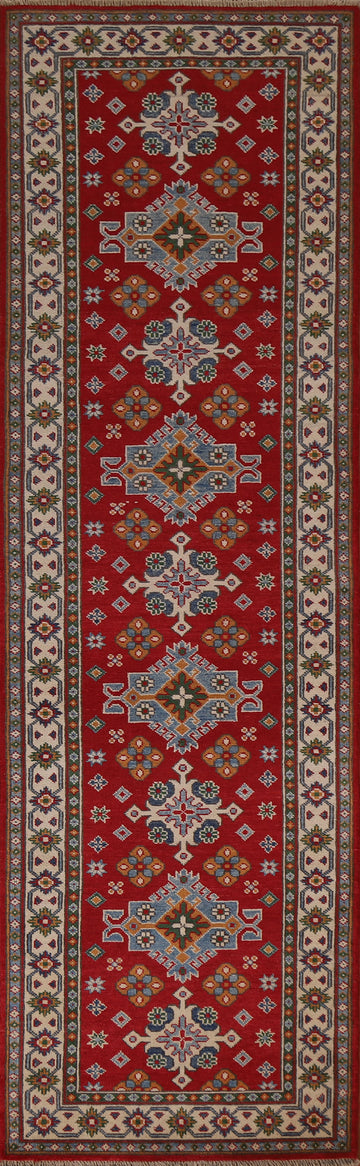 Red Geometric Kazak Pakistani Runner Rug 3x10