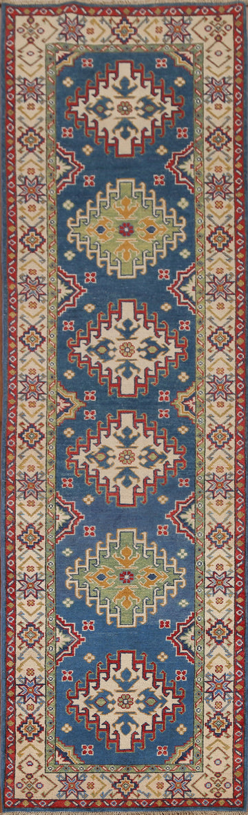 Blue Kazak Geometric Runner Rug 3x10