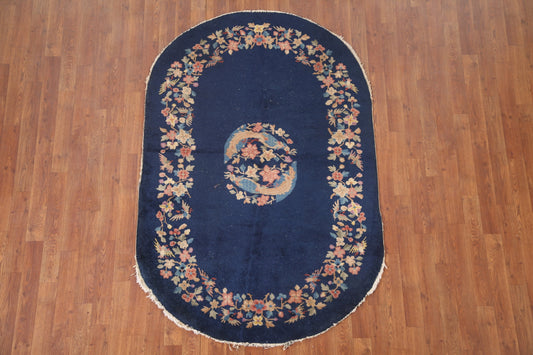 Navy Blue Art Deco Nichols Oval Vegetable Dye Area Rug 4x6