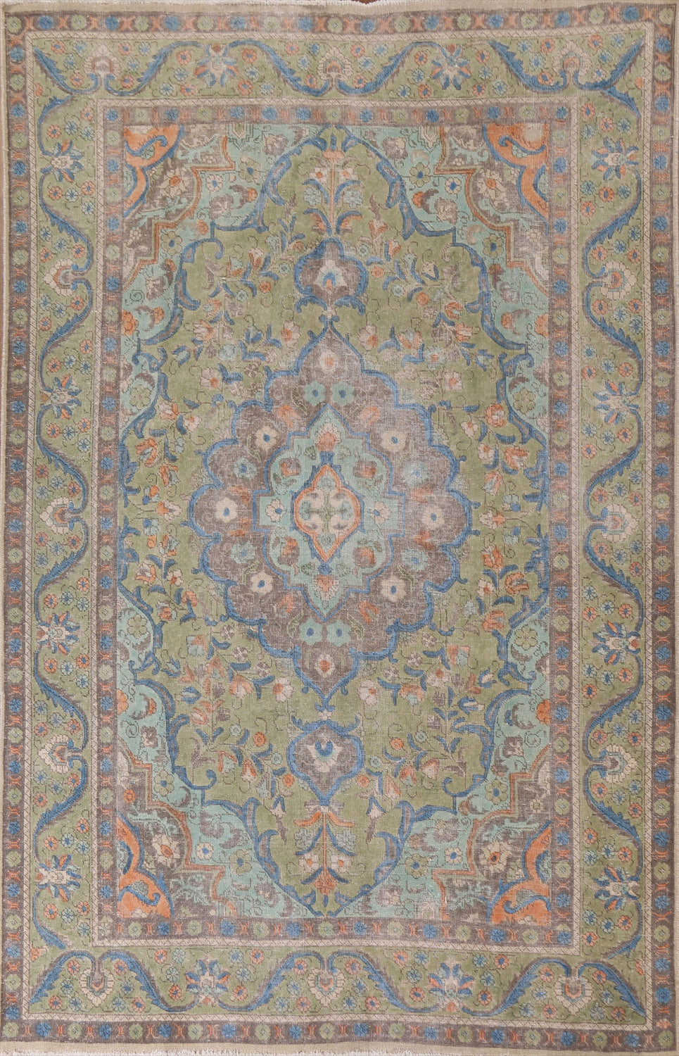 Vintage Green Tabriz Persian Area Rug 7x9