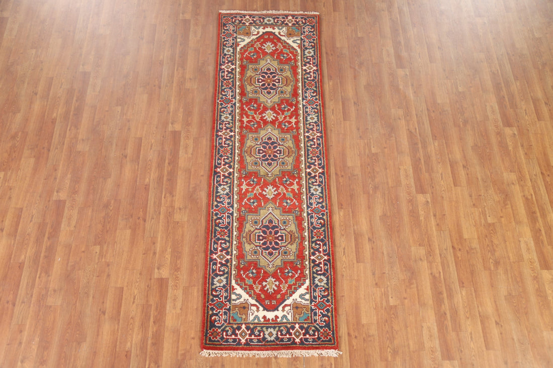 Red Wool Heriz Serapi Runner Rug 3x8