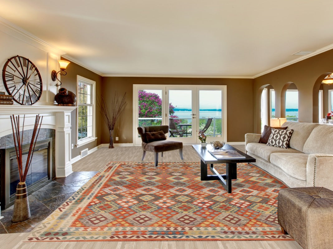 Geometric Kilim Reversible Wool Area Rug 11x13