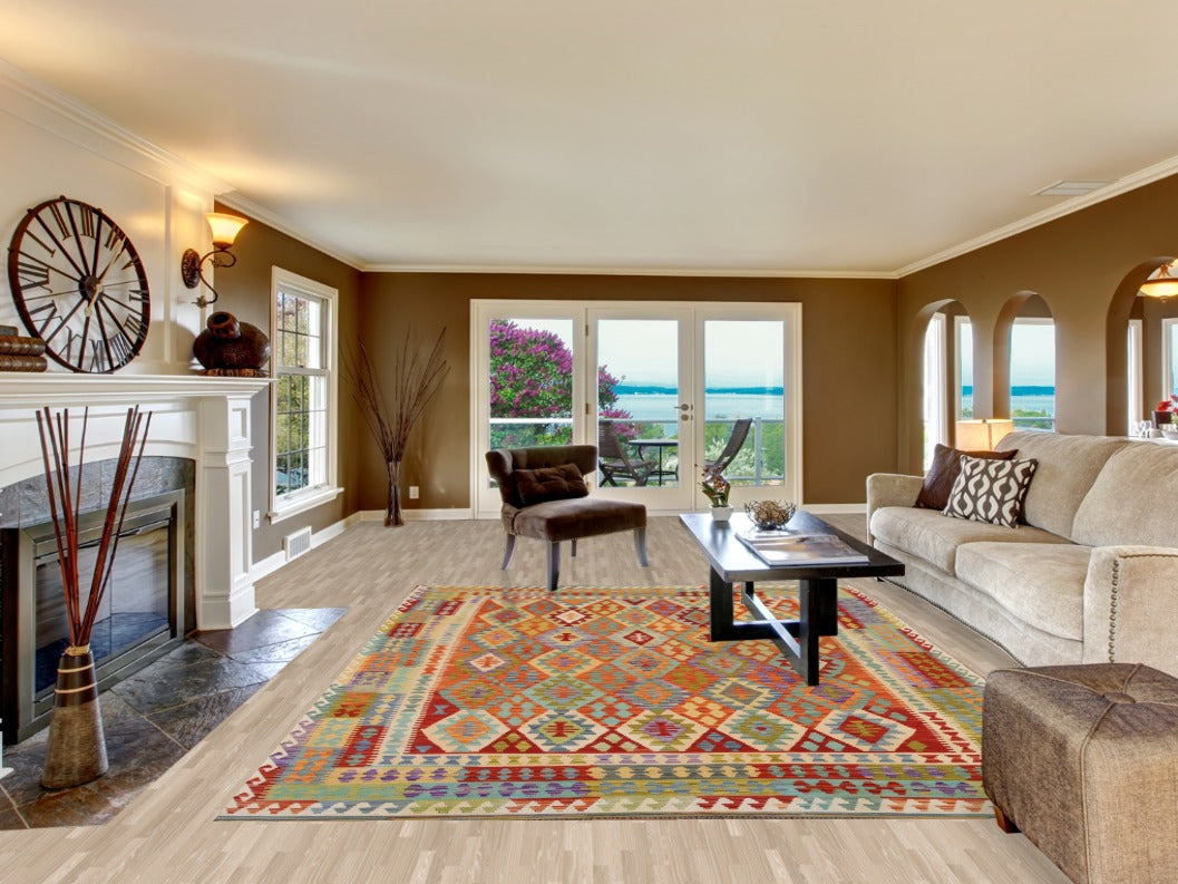 Geometric Kilim Wool Area Rug 8x11