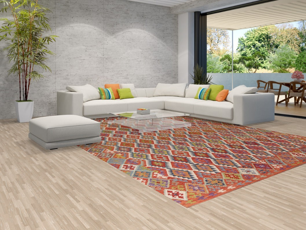 All-Over Geometric Kilim Wool Large Rug 10x16