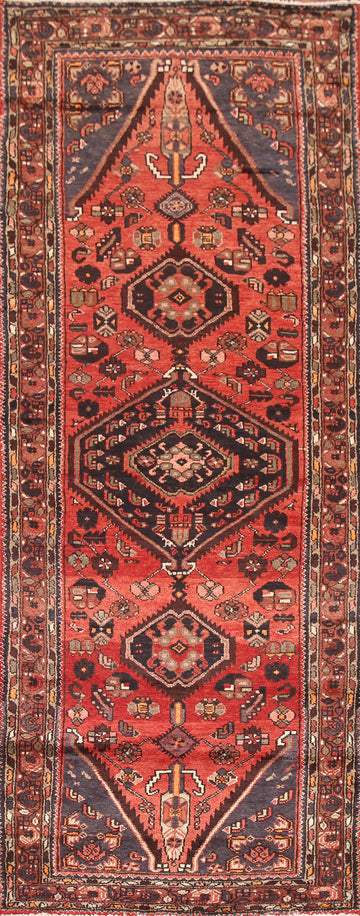 Geometric Red Hamedan Persian Runner Rug 4x9