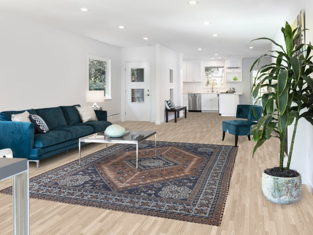 Navy Blue & Brown Heriz Persian Area Rug 7x10