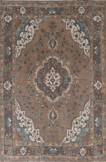 Brown Distressed Tabriz Persian Area Rug 7x10