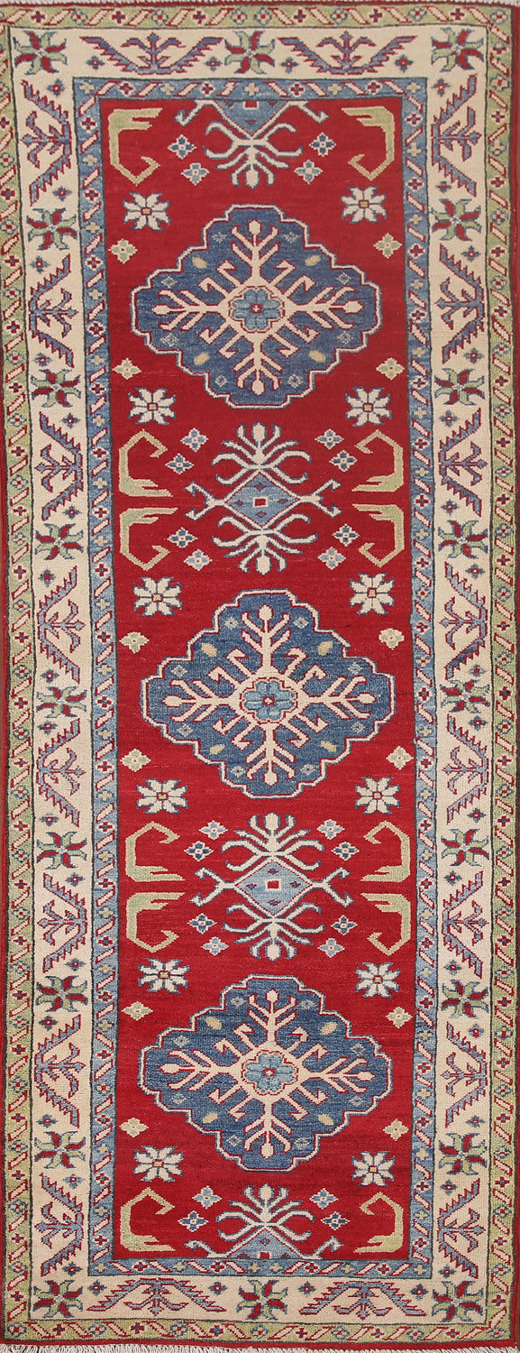 Red Geometric Kazak Oriental Runner Rug 3x8