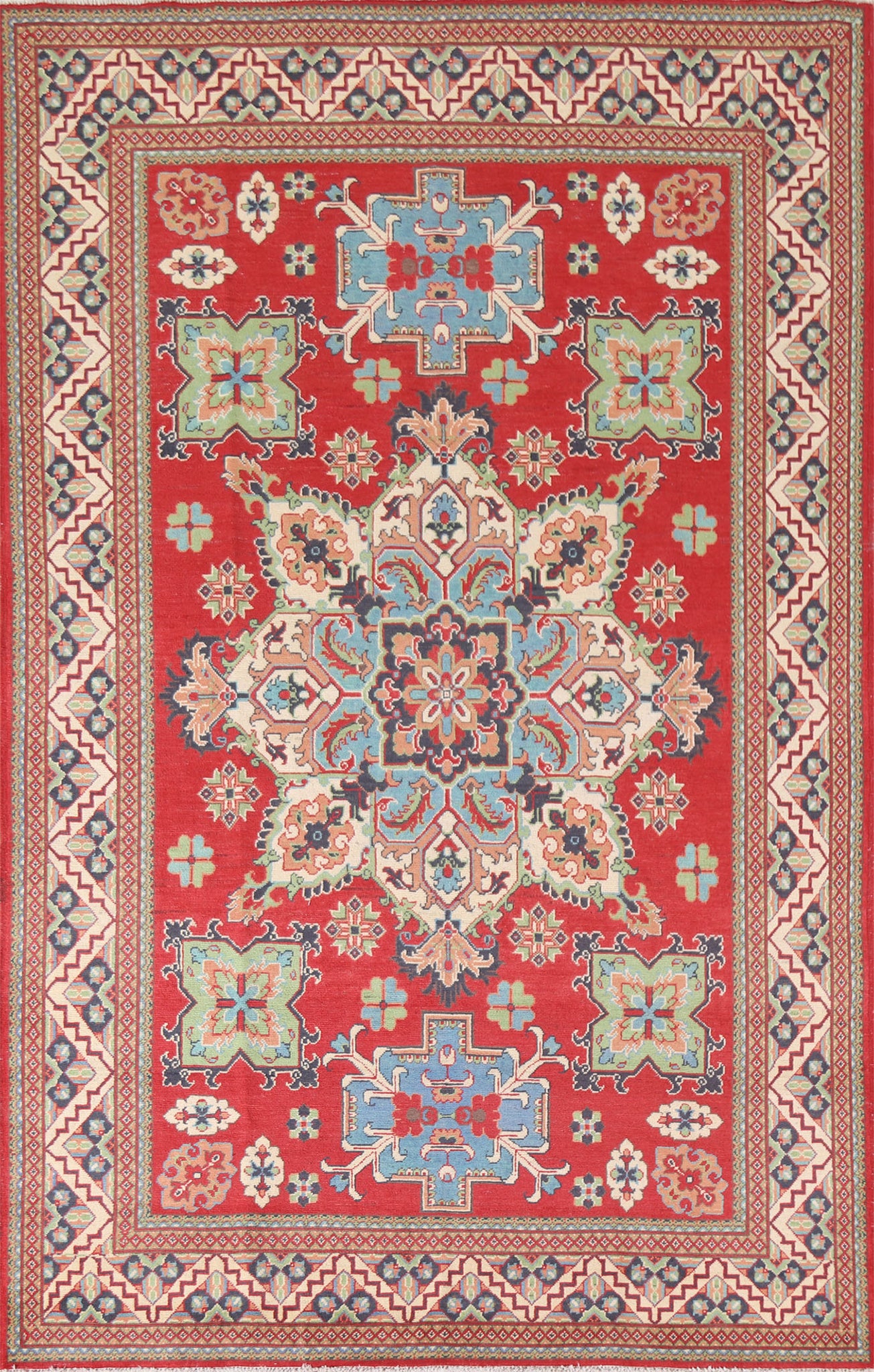 Red Geometric Kazak Oriental Area Rug 6x10