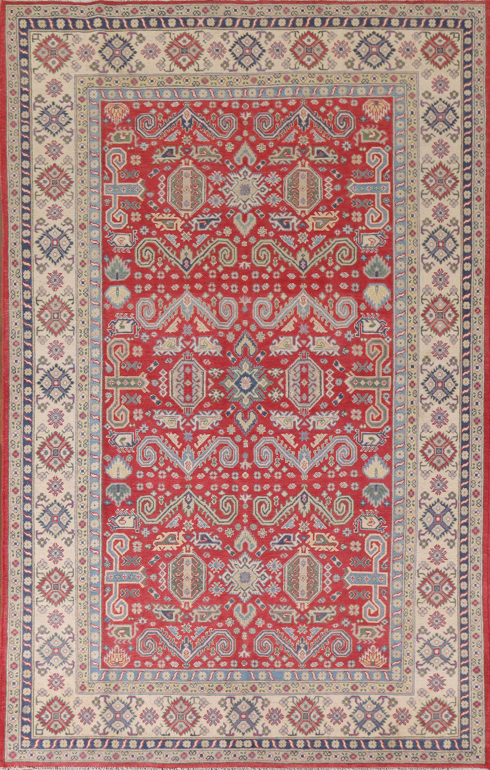 All-Over Geometric Kazak Red Wool Area Rug 7x10