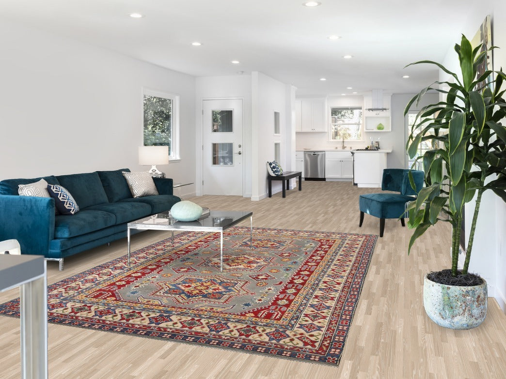 Gray Geometric Kazak Oriental Area Rug 7x10