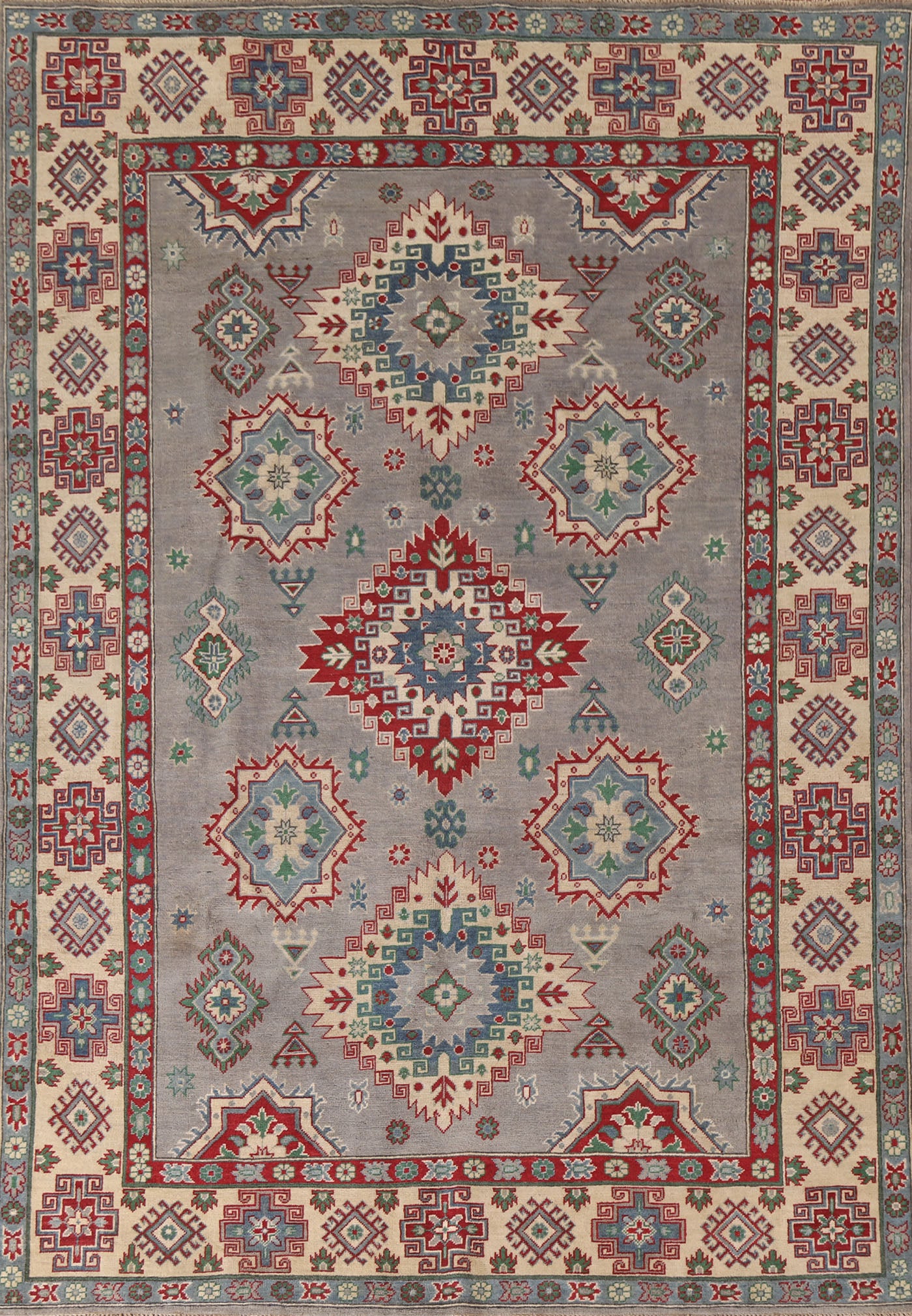 Gray Geometric Kazak Oriental Area Rug 7x10