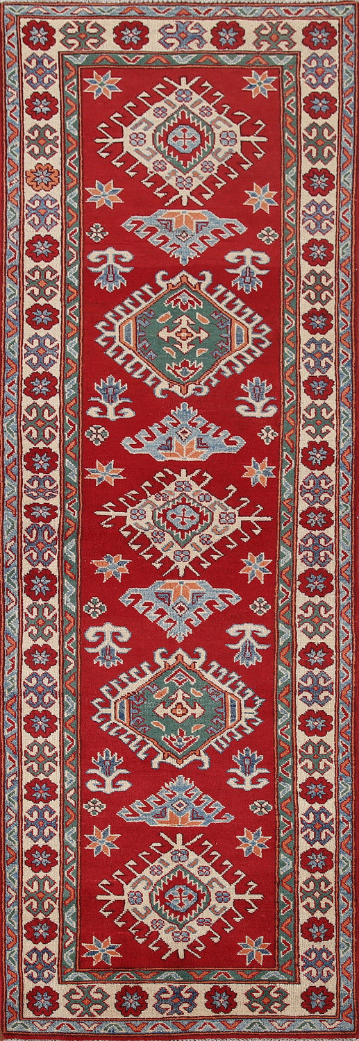 Geometric Red Kazak Oriental Runner Rug 3x10