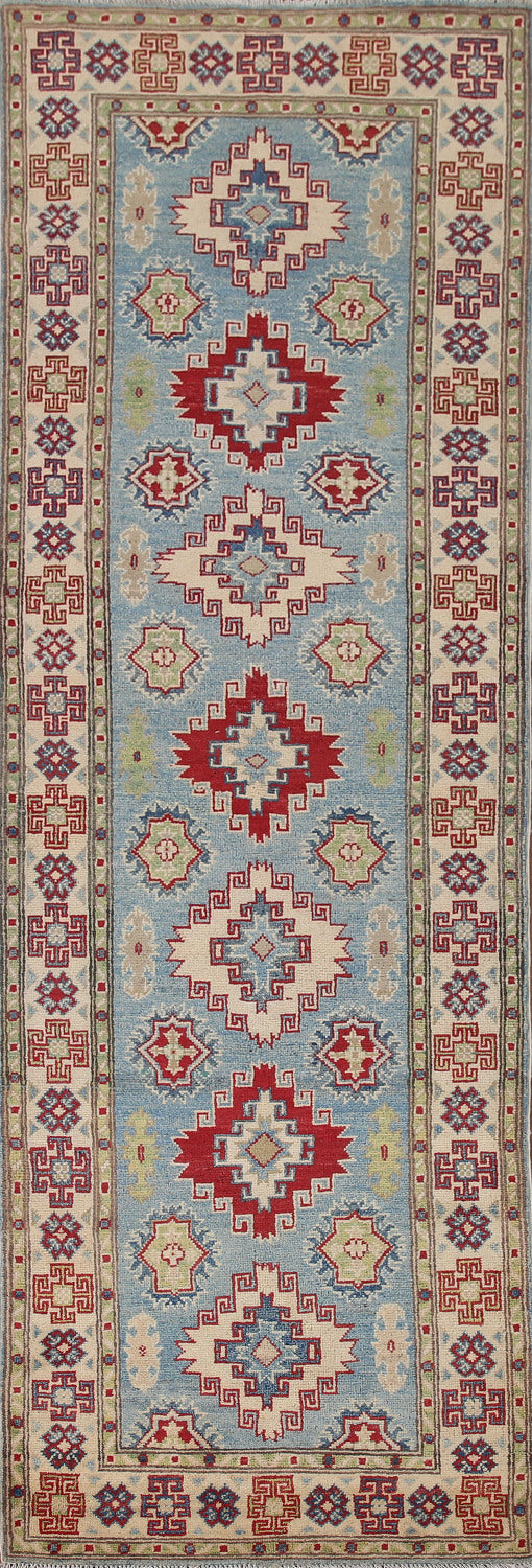Light Blue Kazak Wool Runner Rug 3x9
