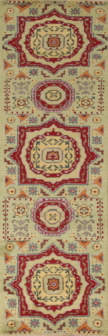 Green Geometric Kazak Indian Runner Rug 3x10