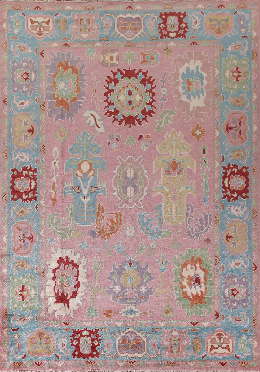 Pink Floral Oushak Living Room Rug 10x14