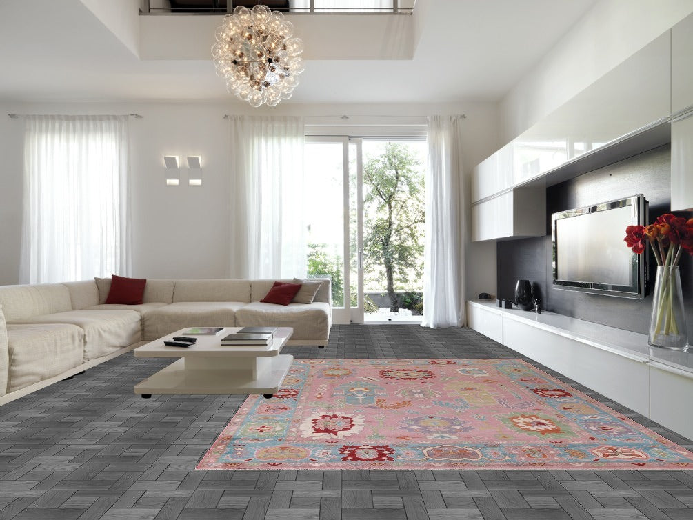 Pink Floral Oushak Living Room Rug 10x14