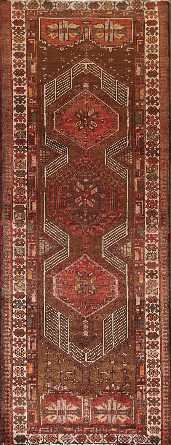Brown Geometric Ardebil Persian Runner Rug 4x10