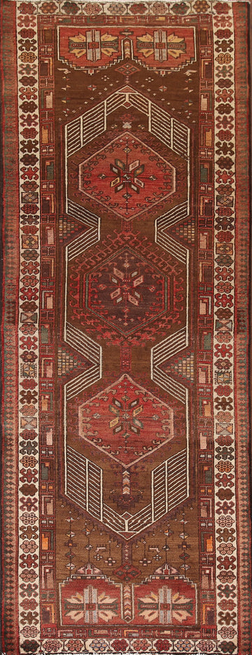 Brown Geometric Ardebil Persian Runner Rug 4x10