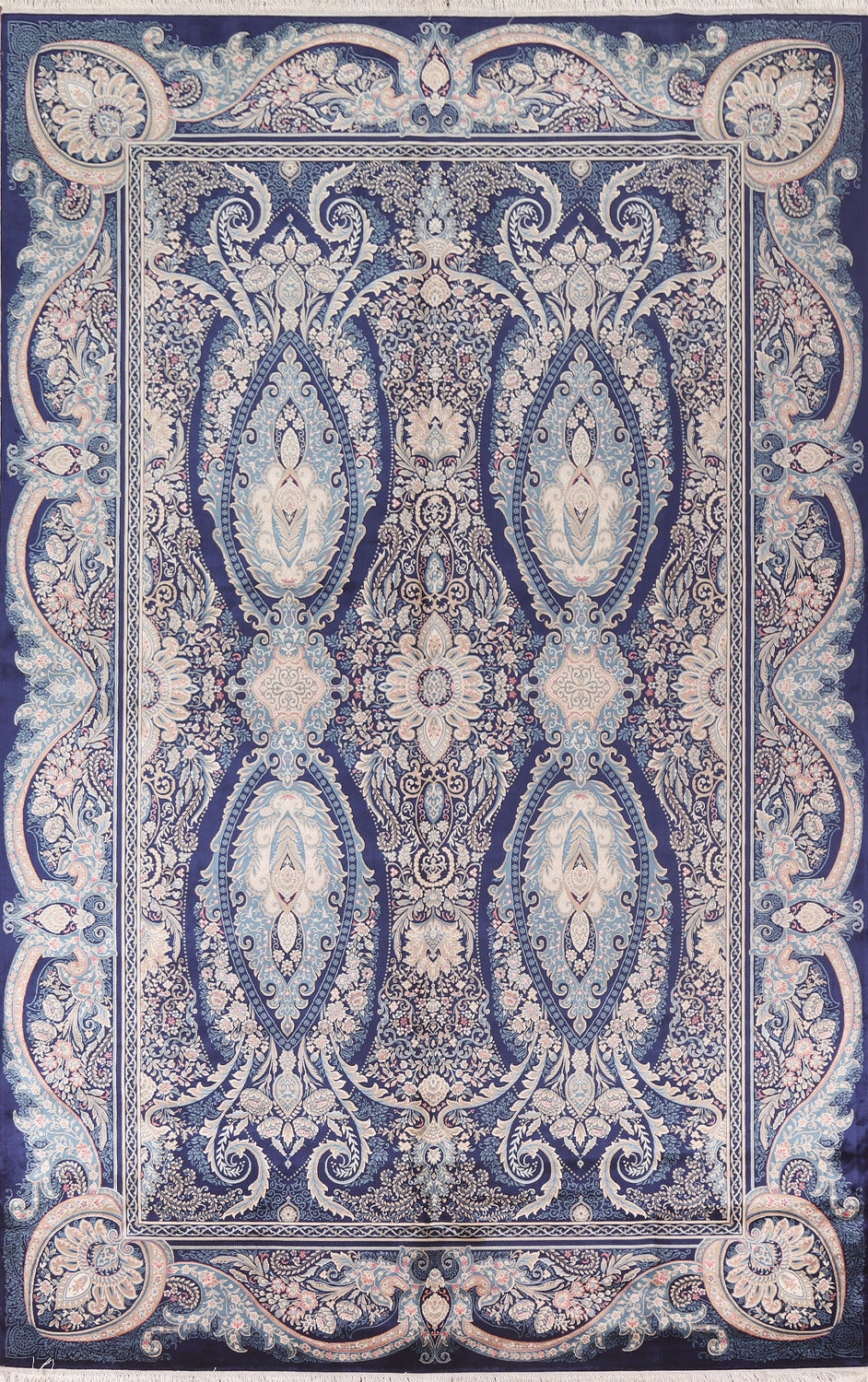 Blue Floral Qum Traditional Area Rug 6x10