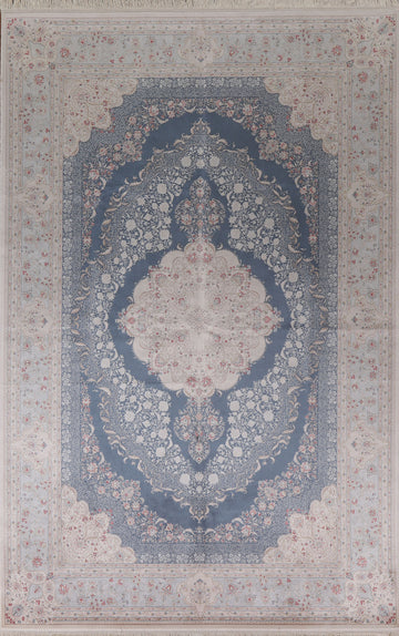 Blue & Ivory Floral Qum Traditional Area Rug 6x10