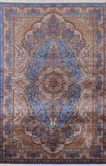 Blue Floral Qum Traditional Area Rug 7x10
