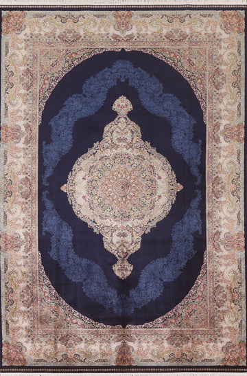Navy Blue Qum Turkish Area Rug 7x10