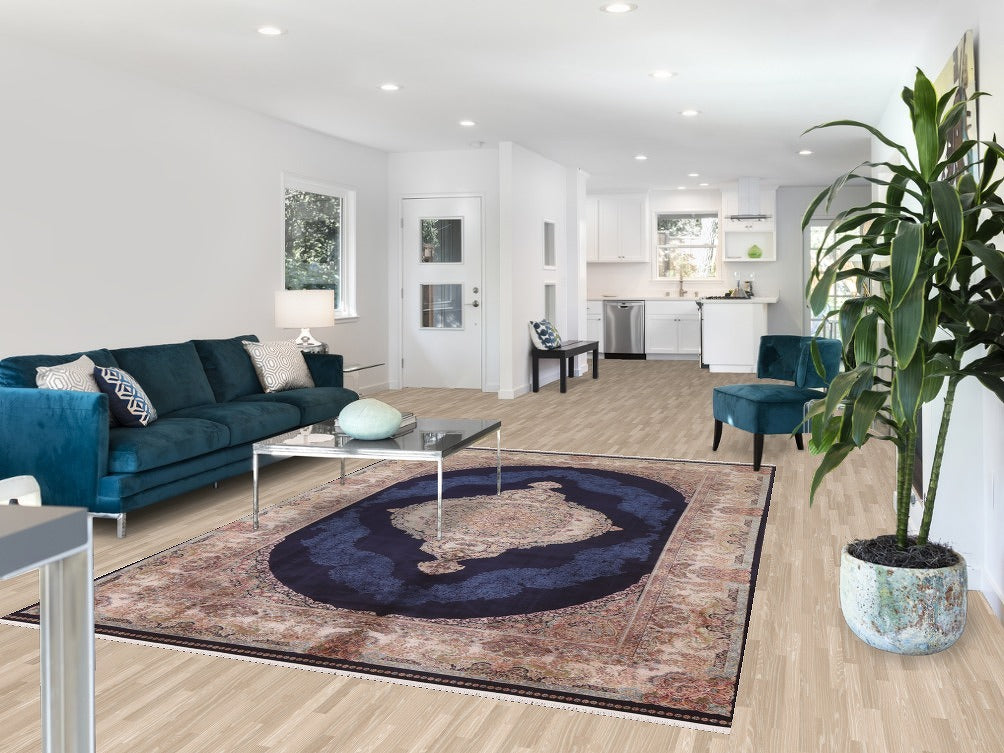 Navy Blue Qum Turkish Area Rug 7x10