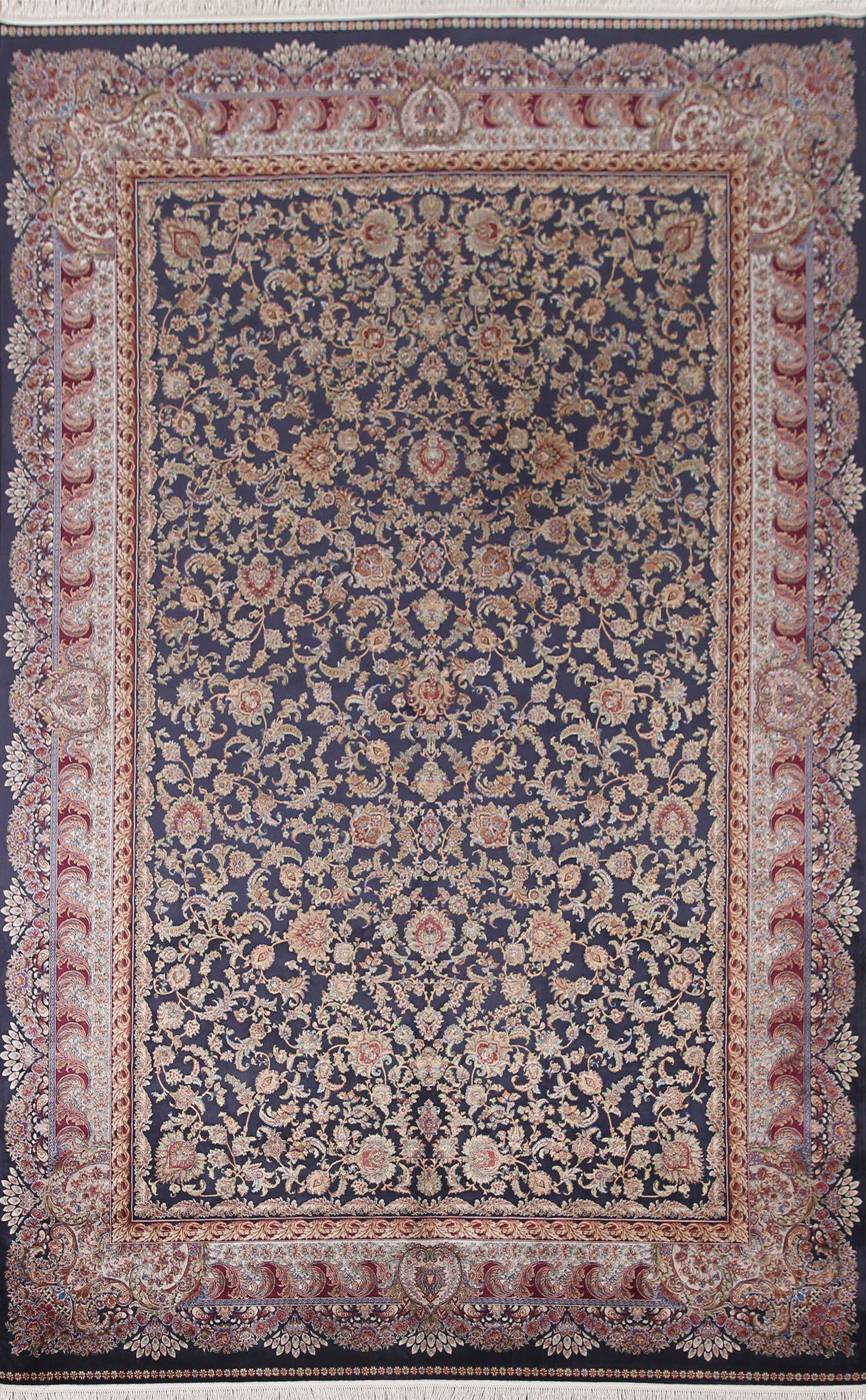 Navy Blue Floral Qum Traditional Area Rug 7x10