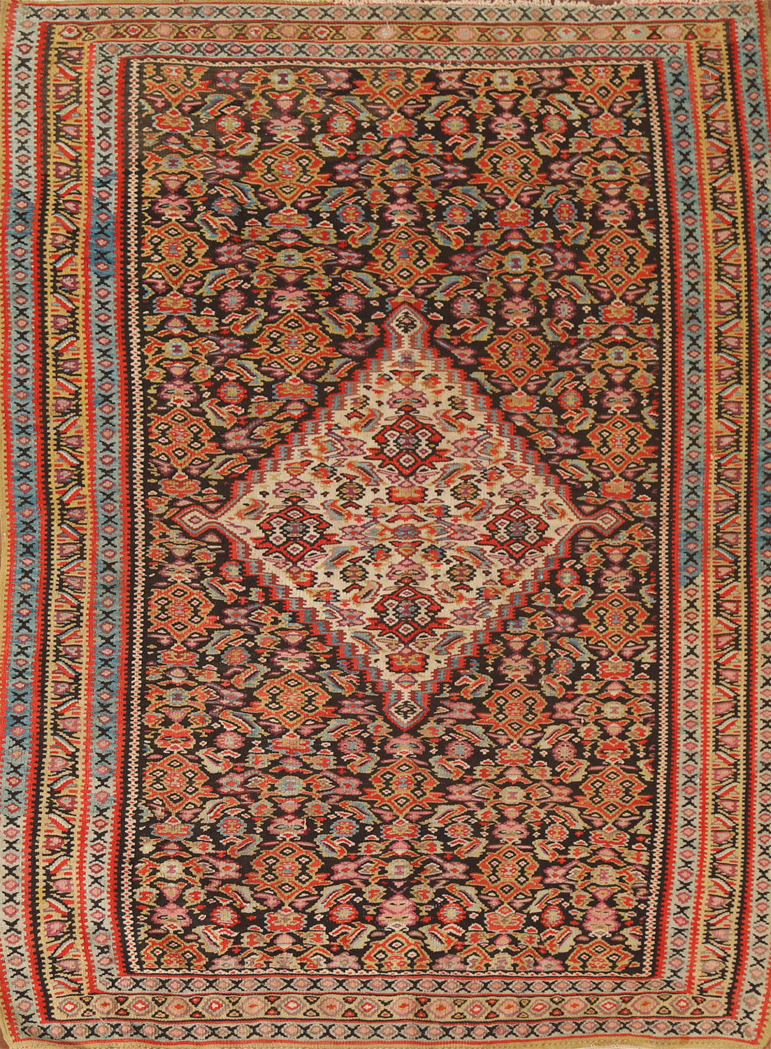 Pre-1900 Vegetable Dye Senneh Kilim Persian Rug 4x5