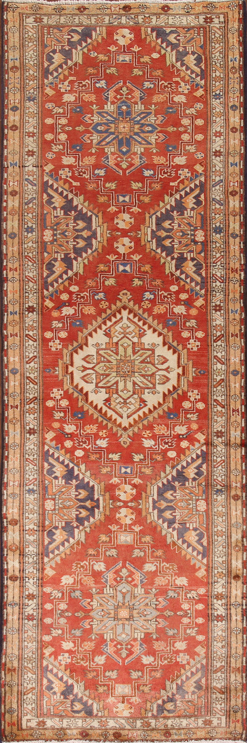 Geometric Red Heriz Persian Runner Rug 3x11
