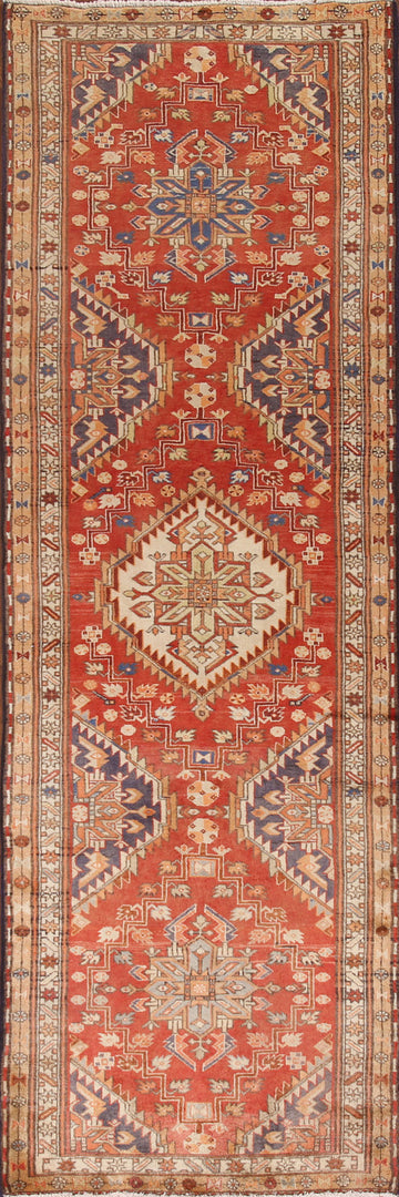 Geometric Red Heriz Persian Runner Rug 3x11