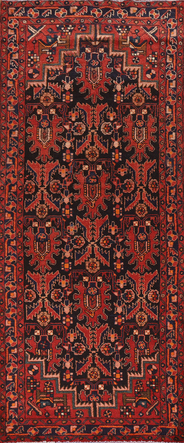 Navy Blue & Red Hamedan Persian Runner Rug 4x10