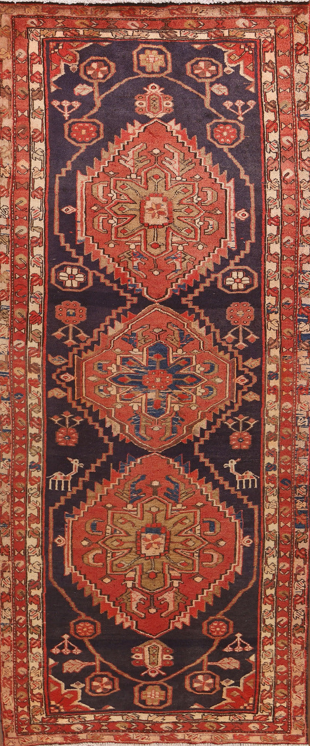 Navy Blue & Red Ardebil Persian Runner Rug 4x11