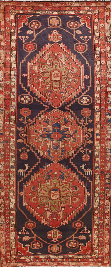 Navy Blue & Red Ardebil Persian Runner Rug 4x11