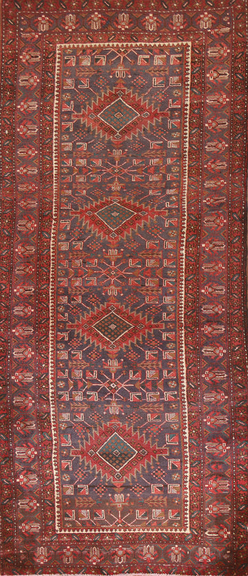 Red & Navy Blue Heriz Persian Runner Rug 4x10