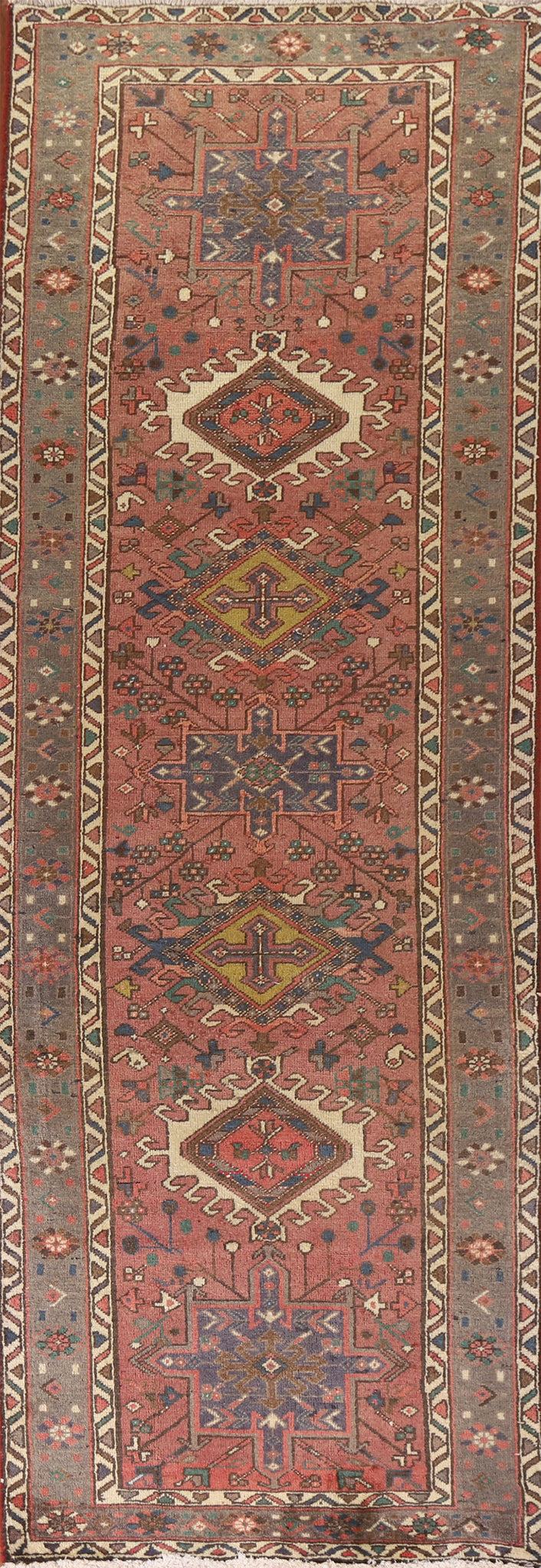 Geometric Pink Heriz Persian Runner Rug 3x10